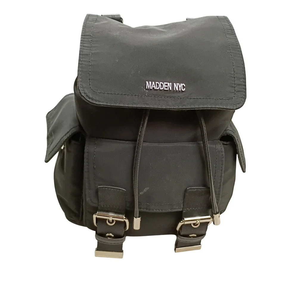 Madden NYC Backpack Women‎ Small Black Good Nylon Mini Buckle Straps Utility